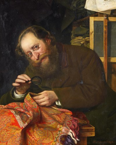 Ritratto di un uomo barbuto che studia un arazzo con una lente da H. von Ossowski Dolega
